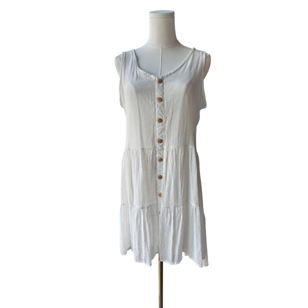 Women's White Tiered Button Front Dress Medium Sleeveless Minimalist Summer Mini
